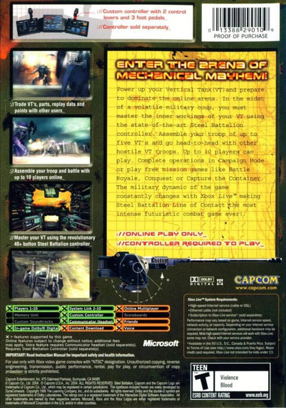 Steel Battalion Line of Contact Xbox original game mech combat simulator online multiplayer tactical shooter Capcom title complete in box collectible retro video game for Xbox console back cover art