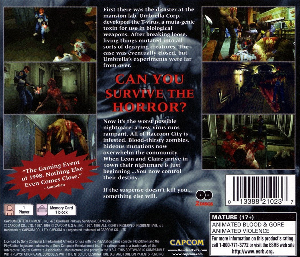 Resident Evil 2 back cover art for PlayStation 1 (PS1) survival horror video game