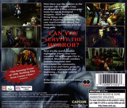Resident Evil 2 back cover art for PlayStation 1 (PS1) survival horror video game