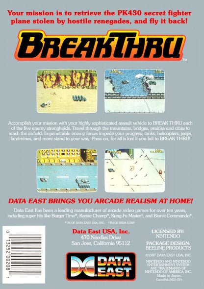BreakThru Complete in Box CIB Nintendo Entertainment System NES for retro video game enthusiasts featuring side scrolling action shooter gameplay armored vehicle combat strategic platforming challenging enemy forces explosive arcade action complete in box collectible gaming appeal back cover