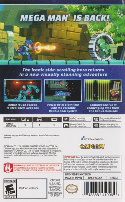 Mega Man 11 back cover art for Nintendo Switch (NS) video game