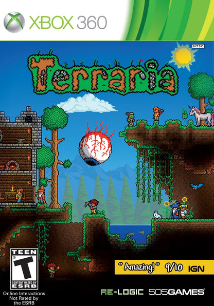 Terraria Xbox 360 X360 sandbox adventure game featuring 2D exploration crafting building mining resource gathering weapon crafting boss battles and procedurally generated worlds retro video game collection collectible gaming appeal front cover
