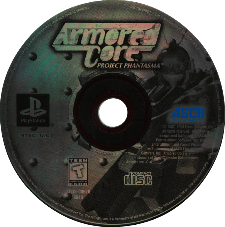 Armored Core: Project Phantasma retro sci-fi mech combat action game for PlayStation 1 (PS1) disc