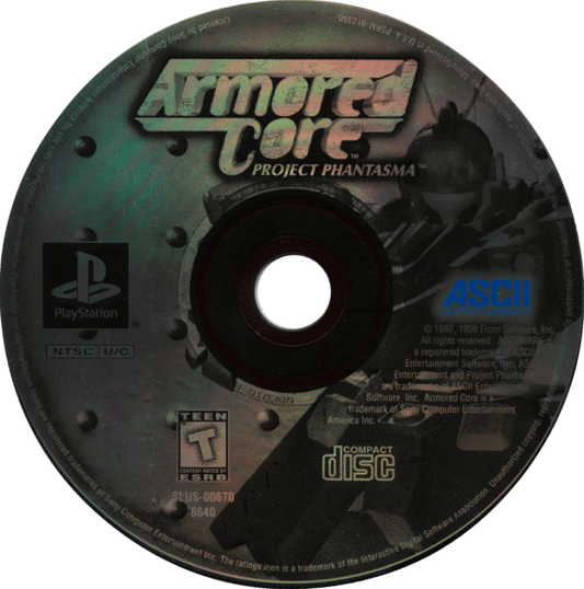 Armored Core: Project Phantasma retro sci-fi mech combat action game for PlayStation 1 (PS1) disc