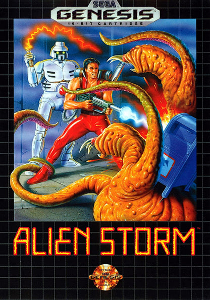Alien Storm Sega Genesis GEN for retro video game enthusiasts featuring side scrolling beat em up gameplay sci fi alien battles cooperative multiplayer action arcade combat futuristic weapons and collectible gaming appeal front cover