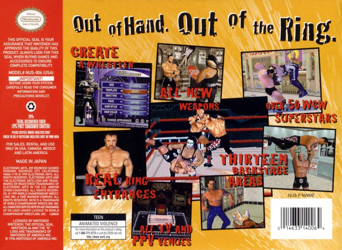 WCW Mayhem Nintendo 64 N64 video game featuring professional wrestling gameplay WCW superstars championship matches signature wrestling moves grappling attacks finishing moves ring combat backstage areas pay per view events and classic 64 bit Nintendo wrestling action retro video game collection collectible gaming appeal back cover art