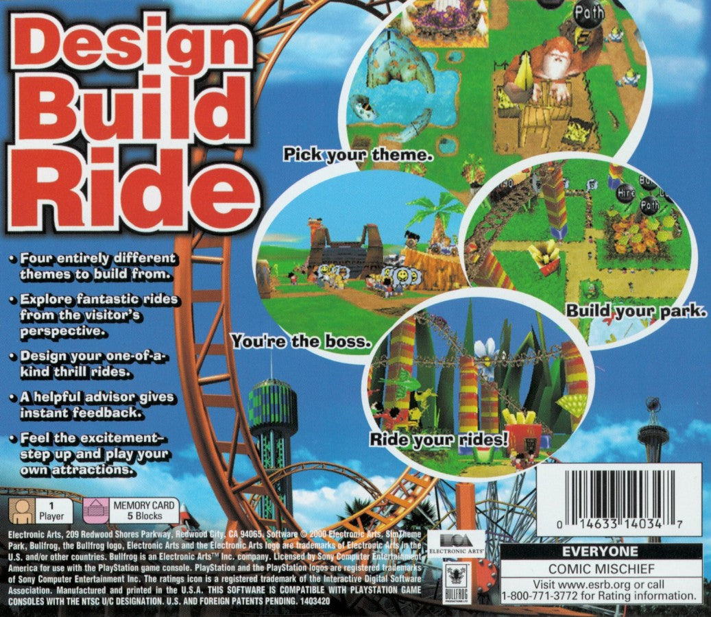 Sim Theme Park PlayStation 1 simulation video game designing and building amusement park roller coasters attractions staff management finances scenarios back cover art 