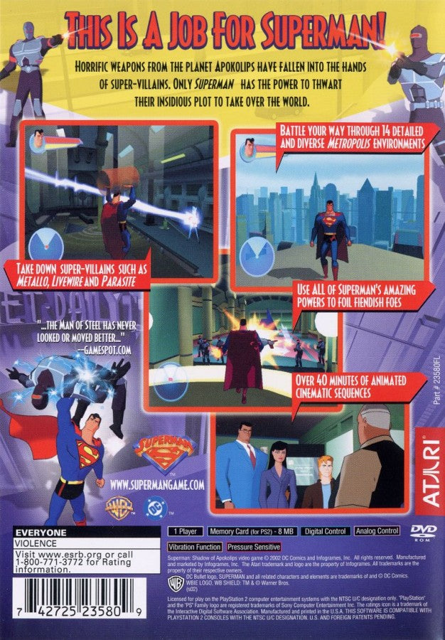 Superman Shadow of Apokolips PS2 PlayStation 2 superhero action adventure game back of case