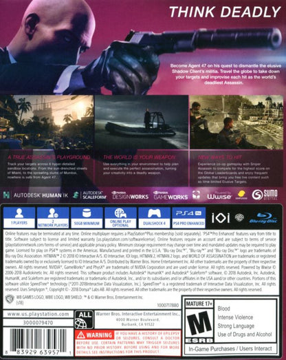 Hitman 2 – PlayStation 4 (PS4) video game back of case, stealth action title published by Warner Bros. Interactive Entertainment