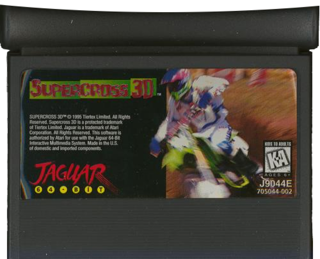 Supercross 3D Atari Jaguar JAG for motocross racing video game fans featuring off road motorcycle racing dirt tracks jumps ramps obstacles challenging courses competing riders high speed action and classic Atari Jaguar gameplay collectible retro gaming appeal game cartridge