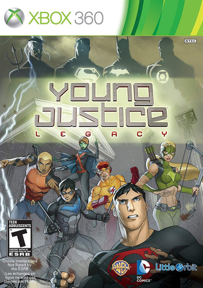 Young Justice Legacy game for the Xbox 360 featuring action RPG gameplay with team based combat character switching and a story set in the Young Justice universe with missions involving the Justice League and sidekicks across multiple locations front cover 
