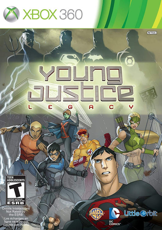 Young Justice Legacy game for the Xbox 360 featuring action RPG gameplay with team based combat character switching and a story set in the Young Justice universe with missions involving the Justice League and sidekicks across multiple locations front cover 