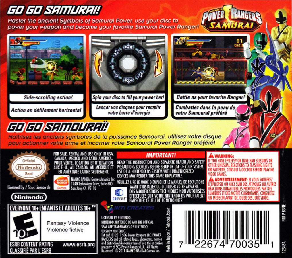 Power Rangers: Samurai back of case for Nintendo DS (DS) action adventure video game