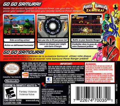 Power Rangers: Samurai back of case for Nintendo DS (DS) action adventure video game