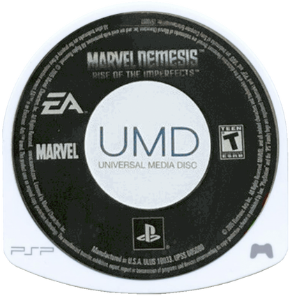 Marvel Nemesis: Rise of the Imperfects for PlayStation Portable (PSP) featuring a gritty superhero brawler where Marvel icons like Spider-Man and Wolverine face off against a powerful new team of alien-enhanced warriors; engage in brutal, environment-smashing combat across destructible arenas and uncover the sinister plot of the Imperfects in this dark, high-stakes expansion of the Marvel Universe optimized for handheld play disc cartridge UMD