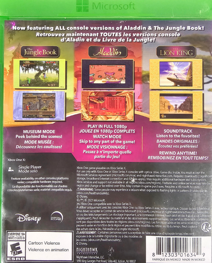 Disney Classic Games The Jungle Book Aladdin and The Lion King Xbox One for action platforming video game fans featuring three beloved Disney adventures enhanced classic gameplay multiple game versions rewind and save features vibrant animated worlds nostalgic retro gaming and collectible gaming appeal back cover art