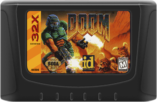 DOOM 32X Sega 32X first person shooter FPS classic id Software fast paced demon blasting action sci fi hellish levels iconic weapons shotgun chainsaw retro gaming Sega Genesis 32X software video game title cartridge