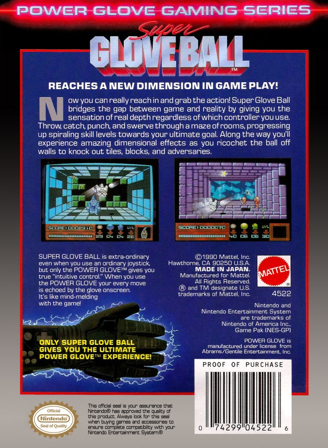 Super Glove Ball Nintendo Entertainment System NES sports action video game featuring first-person ball control glove gameplay bouncing and deflecting balls against walls targets and obstacles fast-paced challenges skill-based action and classic Nintendo Entertainment System NES gameplay collectible retro gaming appeal back cover art
