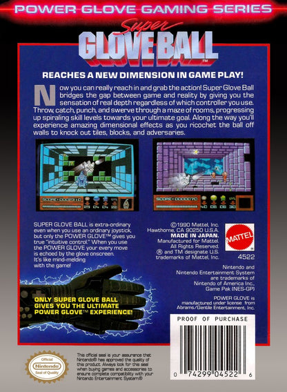 Super Glove Ball Nintendo Entertainment System NES sports action video game featuring first-person ball control glove gameplay bouncing and deflecting balls against walls targets and obstacles fast-paced challenges skill-based action and classic Nintendo Entertainment System NES gameplay collectible retro gaming appeal back cover art