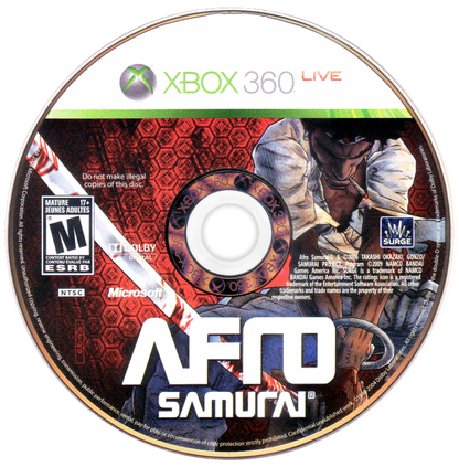 Xbox 360 game disc for 'Aero Samurai' with Xbox 360 branding and Mature rating.