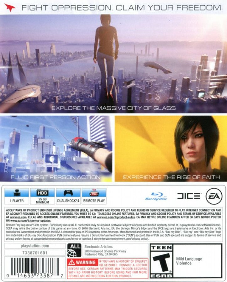 Mirror's Edge: Catalyst – PlayStation 4 (PS4) video game start back of case, action adventure game