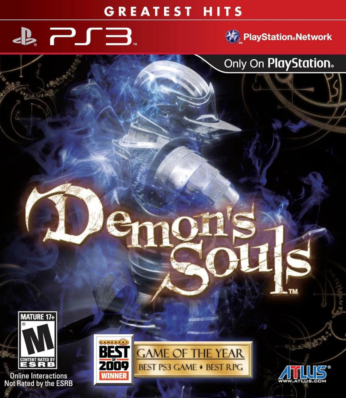 Demon’s Souls Greatest Hits PlayStation 3 PS3 video game featuring challenging action role playing gameplay dark fantasy world exploration brutal melee combat magic spells boss battles character customization soul collection mechanics atmospheric environments and classic FromSoftware gameplay retro video game collection collectible gaming appeal cover art