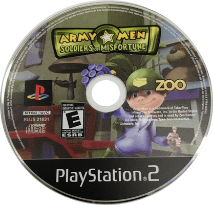 Army Men Soldiers of Misfortune PS2 game for PlayStation 2 featuring toy soldier action adventure gameplay disc
