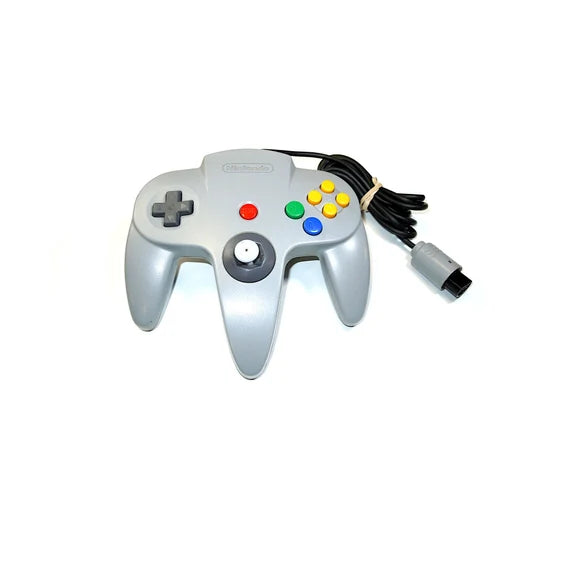 Front view of original gray Nintendo 64 controller wired gaming accessory