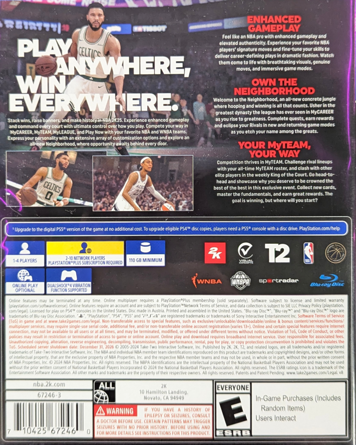 NBA 2K25 for PlayStation 4 (PS4) at Gamers INC, featuring the latest rosters and ratings in the ultimate basketball simulation, with a refined MyCAREER mode, the classic MyTEAM experience, and immersive neighborhood competition to build your dynasty and command the court back cover