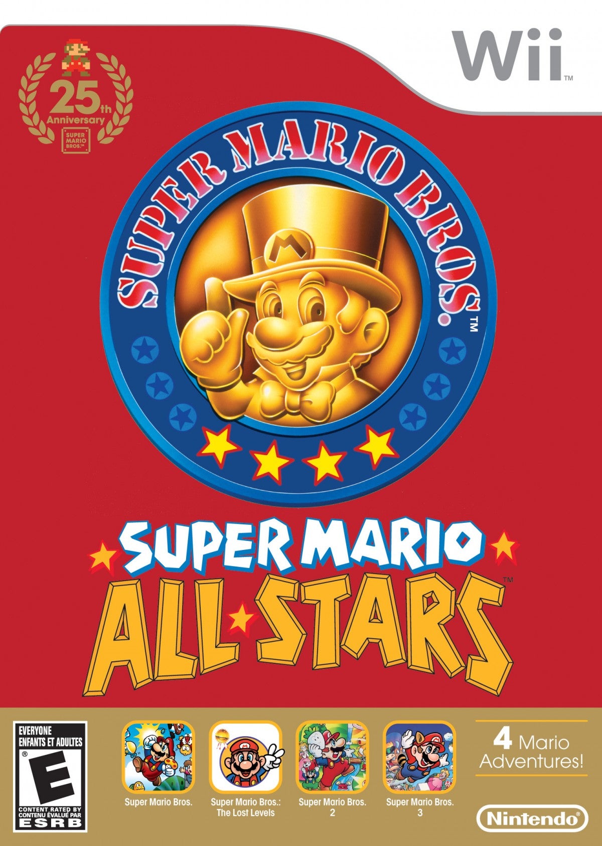 Super Mario All-Stars Wii 25th Anniversary Limited Edition platform collection featuring enhanced 16-bit versions of Super Mario Bros., Super Mario Bros.: The Lost Levels, Super Mario Bros. 2, and Super Mario Bros. 3 — includes collectible packaging and a commemorative history booklet and soundtrack CD for the Nintendo Wii. cover
