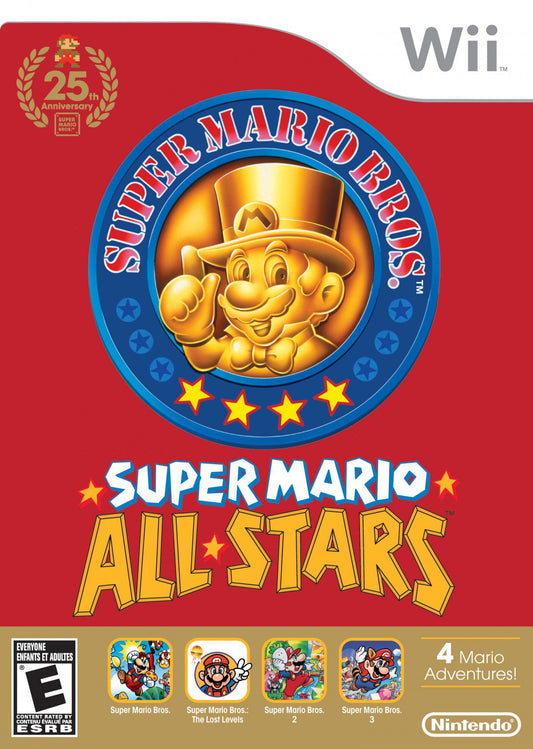 Super Mario All-Stars Wii 25th Anniversary Limited Edition platform collection featuring enhanced 16-bit versions of Super Mario Bros., Super Mario Bros.: The Lost Levels, Super Mario Bros. 2, and Super Mario Bros. 3 — includes collectible packaging and a commemorative history booklet and soundtrack CD for the Nintendo Wii. cover