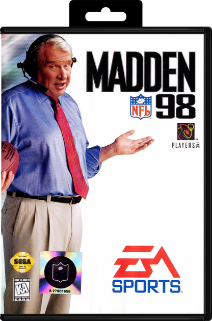 Madden NFL 98 Sega Genesis for retro video game enthusiasts featuring football simulation gameplay authentic NFL action strategic play calling team management mechanics competitive multiplayer sports challenges classic gridiron gameplay and collectible gaming appeal cover art