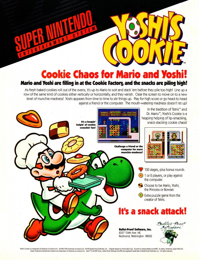 Yoshi’s Cookie for Super Nintendo Entertainment System with tile-matching puzzle gameplay theme advertisement flyer