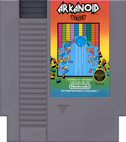 Arkanoid cartridge for the Nintendo Entertainment System featuring 8 bit block breaking arcade action with paddle gameplay power ups and challenging levels cartridge