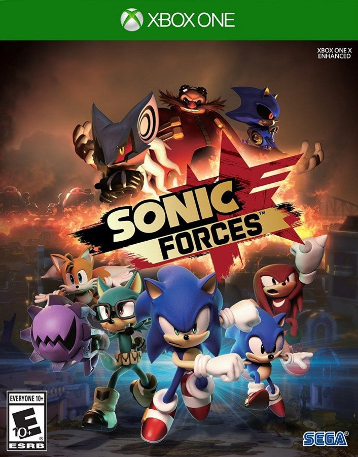Sonic Forces Xbox One XONE video game featuring fast paced action platforming gameplay Sonic the Hedgehog character adventure Dr Eggman villain battles Infinite enemy encounters high speed running classic Sonic stages modern Sonic gameplay custom hero creation Wispon weapons colorful environments and challenging platform levels retro video game collection collectible gaming appeal cover art