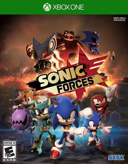 Sonic Forces Xbox One XONE video game featuring fast paced action platforming gameplay Sonic the Hedgehog character adventure Dr Eggman villain battles Infinite enemy encounters high speed running classic Sonic stages modern Sonic gameplay custom hero creation Wispon weapons colorful environments and challenging platform levels retro video game collection collectible gaming appeal cover art