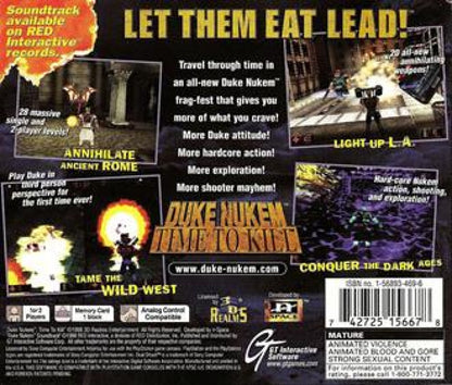 Duke Nukem Time to Kill PlayStation PS1 for third person shooter video game fans featuring Duke Nukem action combat time travel gameplay alien enemies explosive weapons platforming challenges futuristic environments and classic retro PlayStation gaming collectible appeal back