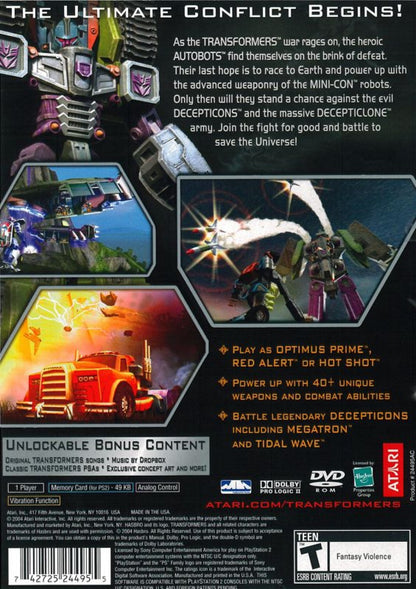 Transformers – PlayStation 2 (PS2) video game back of case, action-adventure.