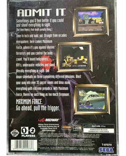 Maximum Force Sega Saturn for retro video game enthusiasts featuring arcade light gun shooter gameplay fast paced action police themed missions enemy encounters explosive set pieces challenging stages and collectible gaming appeal back case art