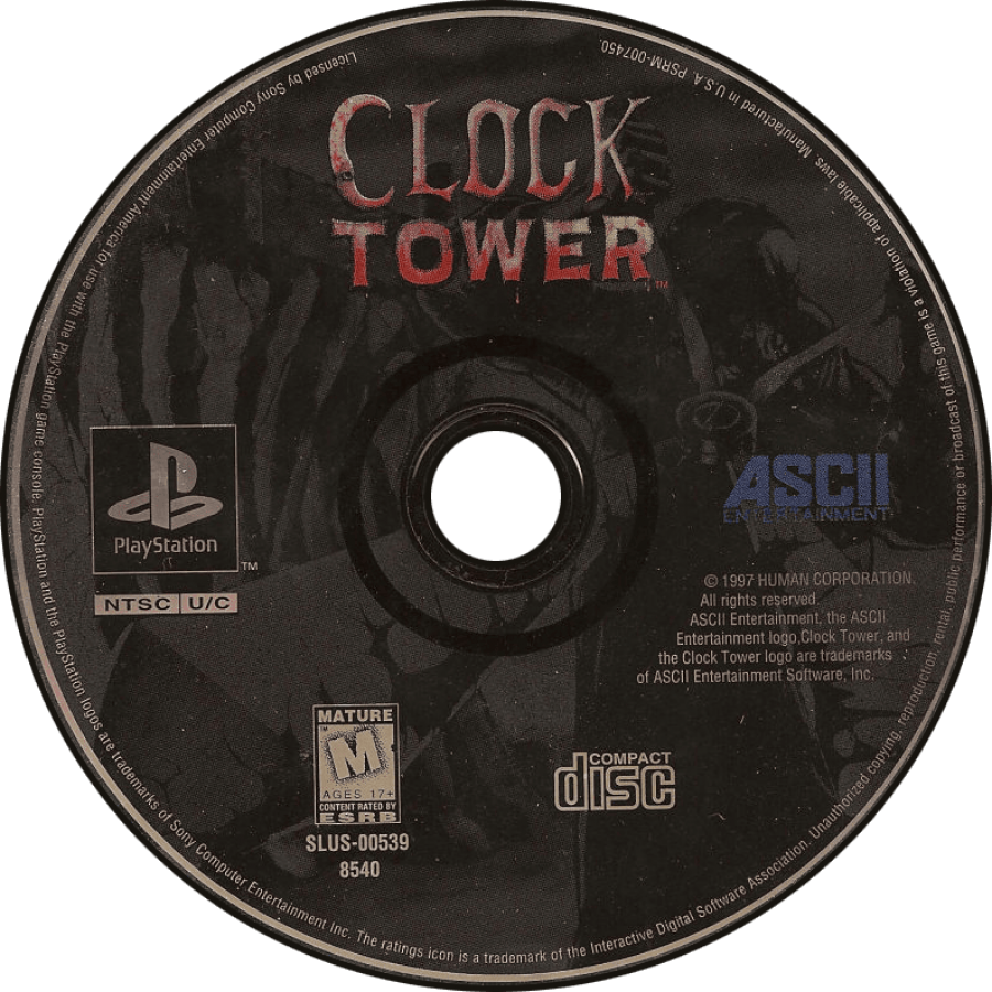 Clock Tower PS1 PlayStation 1 survival horror point and click adventure game psychological horror Scissorman suspense retro video game disc