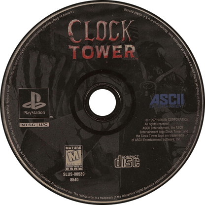 Clock Tower PS1 PlayStation 1 survival horror point and click adventure game psychological horror Scissorman suspense retro video game disc