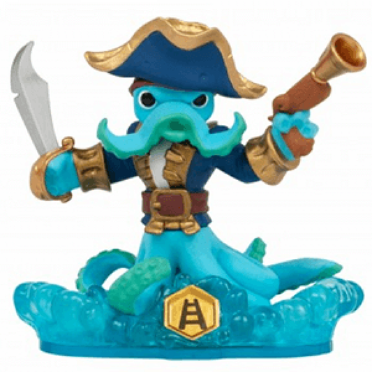 Wash Buckler Skylanders Swap Force figure, water element pirate octopus with sword, tentacle legs and eyepatch, posed in swashbuckling battle stance, detailed collectible toy on portal base from Skylanders Swap Force series