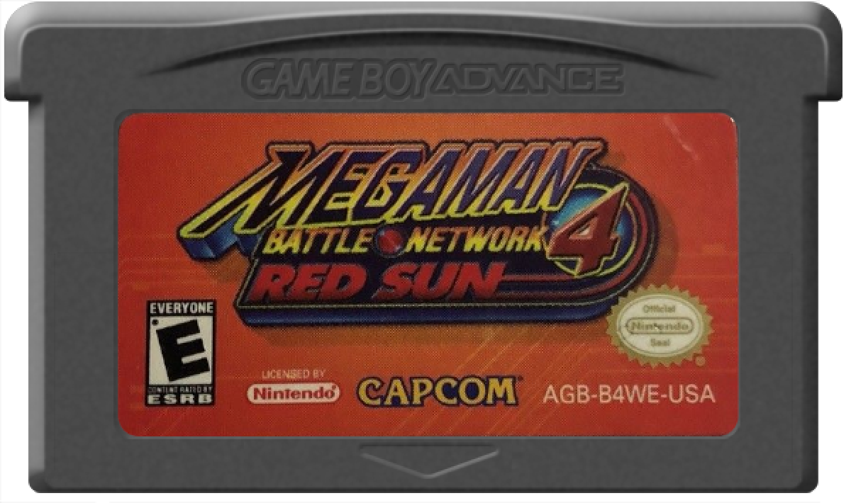 Mega Man Battle Network 4 Red Sun Game Boy Advance GBA video game, action RPG, tactical grid-based combat, classic Capcom handheld title cartridge cover art