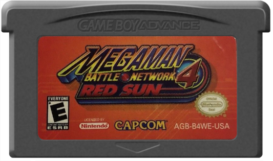 Mega Man Battle Network 4 Red Sun Game Boy Advance GBA video game, action RPG, tactical grid-based combat, classic Capcom handheld title cartridge cover art