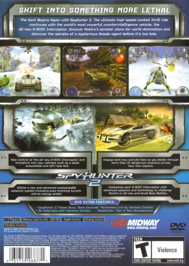 Spy Hunter 2 game for the PlayStation 2 featuring vehicular combat gameplay with high speed driving missions weapon equipped vehicles objective based levels and arcade style action across international locations back cover