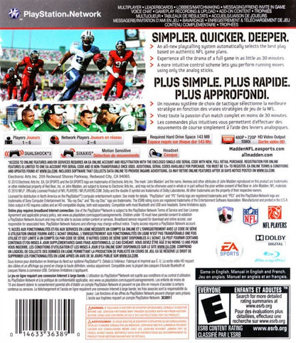 Madden NFL 11 back cover art for PlayStation 3 (PS3) video game
