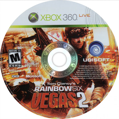 Tom Clancy’s Rainbow Six Vegas 2 Xbox 360 tactical first-person shooter video game featuring intense counter-terrorism missions cooperative multiplayer, deep squad-based tactics, robust single-player campaign, online play with map voting and ranking, destructible environments, and Ubisoft’s signature strategic team combat gameplay. disc