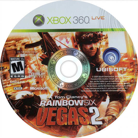 Tom Clancy’s Rainbow Six Vegas 2 Xbox 360 tactical first-person shooter video game featuring intense counter-terrorism missions cooperative multiplayer, deep squad-based tactics, robust single-player campaign, online play with map voting and ranking, destructible environments, and Ubisoft’s signature strategic team combat gameplay. disc