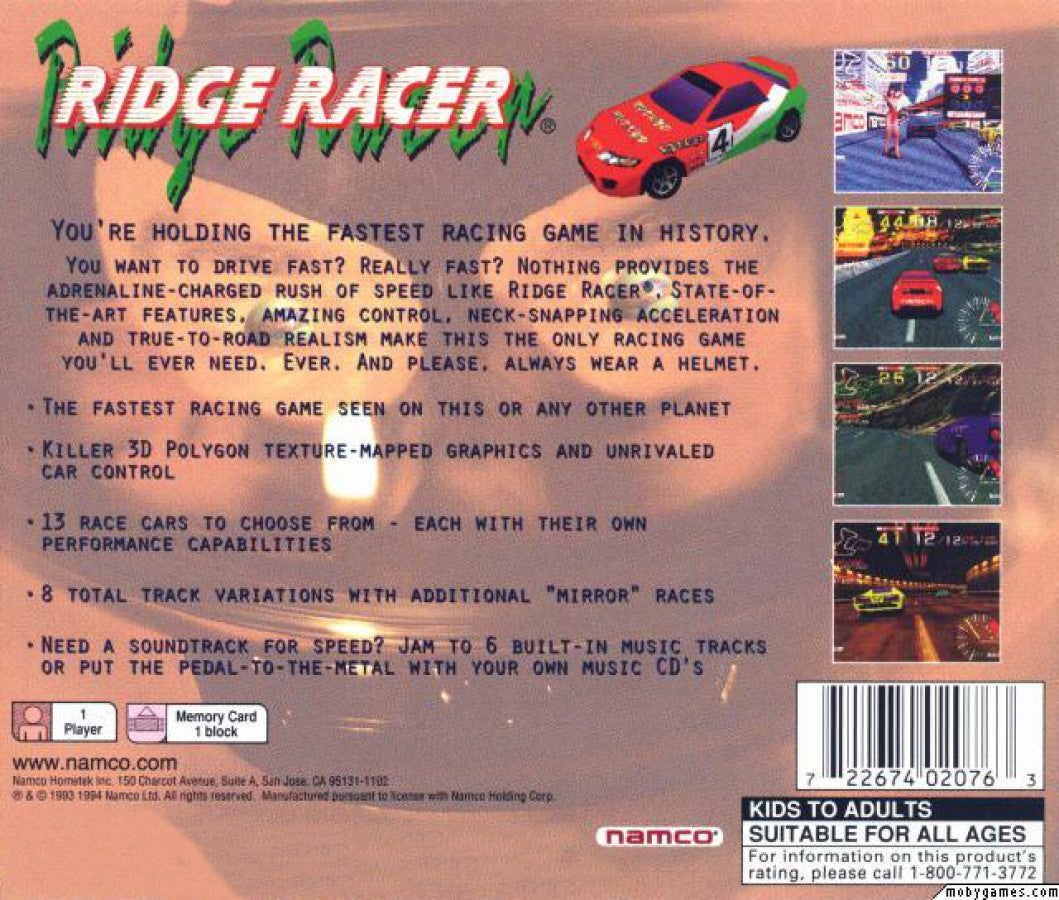 Ridge Racer PlayStation 1 PS1 for retro video game enthusiasts featuring arcade racing gameplay high speed driving responsive drifting mechanics multiple race courses classic sports cars fast paced competition and collectible gaming appeal back cover