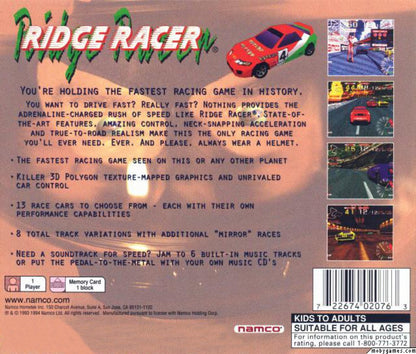 Ridge Racer PlayStation 1 PS1 for retro video game enthusiasts featuring arcade racing gameplay high speed driving responsive drifting mechanics multiple race courses classic sports cars fast paced competition and collectible gaming appeal back cover